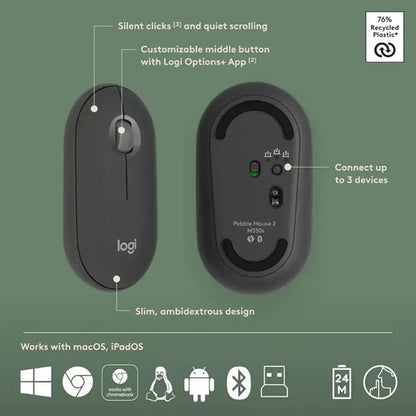 Logitech Pebble 2 Combo Wireless Keyboard and Mouse Bundle, Compact Slim Design, Bluetooth & Logi Bolt, Silent Scissor Keys, Multi-Device Pairing, Windows Mac iPad Chrome - Graphite, Includes Cloth