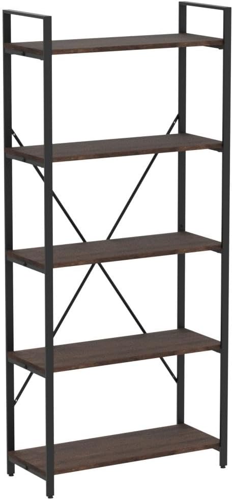BON AUGURE Industrial Bookshelf, Etagere Bookcases and Book Shelves 5 Tier, Rustic Wood and Metal Shelving Unit (Rustic Oak)