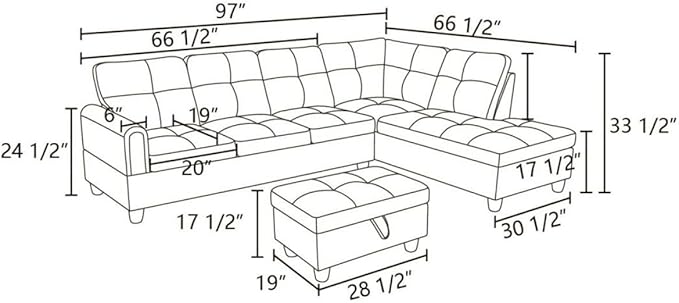 Grey White L-Shaped 3-Piece Corduroy Sofa with Storage Ottoman Set, Sectional Couch Sofa Set for Living Room, Office, Small Space
