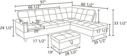 Grey White L-Shaped 3-Piece Corduroy Sofa with Storage Ottoman Set, Sectional Couch Sofa Set for Living Room, Office, Small Space