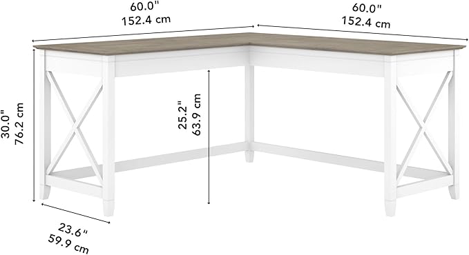 Bush Furniture Key West 60W Modern Farmhouse L Shaped Desk in Pure White and Shiplap Gray | 60-Inch Corner Table for Home Office