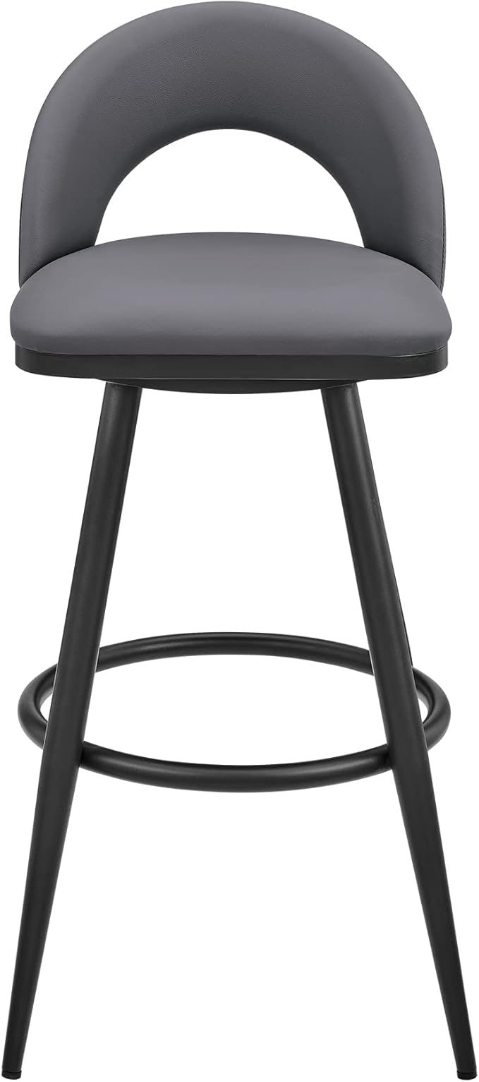 Armen Living Charlotte Swivel Bar Stool in Black Metal with Grey Faux Leather