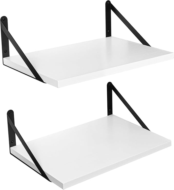 SAUMONIERES Floating Shelves Bookshelf for Bedroom Bathroom Living Room Wood Wall Mounted Wide Deep Storage, White Painted Shelves Set of 2