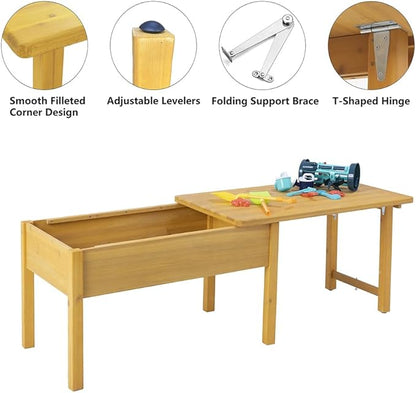 BIRASIL Wooden Kids Sensory Tables with Folding Lid, Activity Table for Children, Elevated Play Tables with Storage for Indoor Outdoor, Yellow