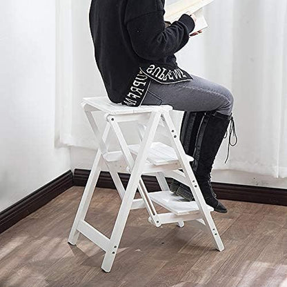 KINGBO Step Stool for Adults/Step Ladder/Counter Chair, 3-Step Folding Portable Wooden Step Stool, Anti-Slip & Lightweight (White)