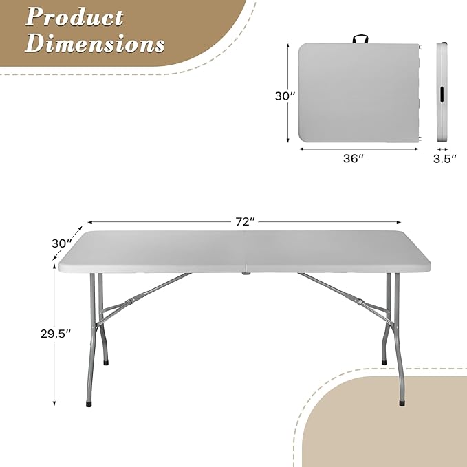 Athena Collection 6 ft Square Folding Dining Table, Large Plastic Foldable Table Portable with Carry Handle, Heavy Duty Fold-in-Half Utility for Indoor Outdoor Party Camping Picnic, Grey