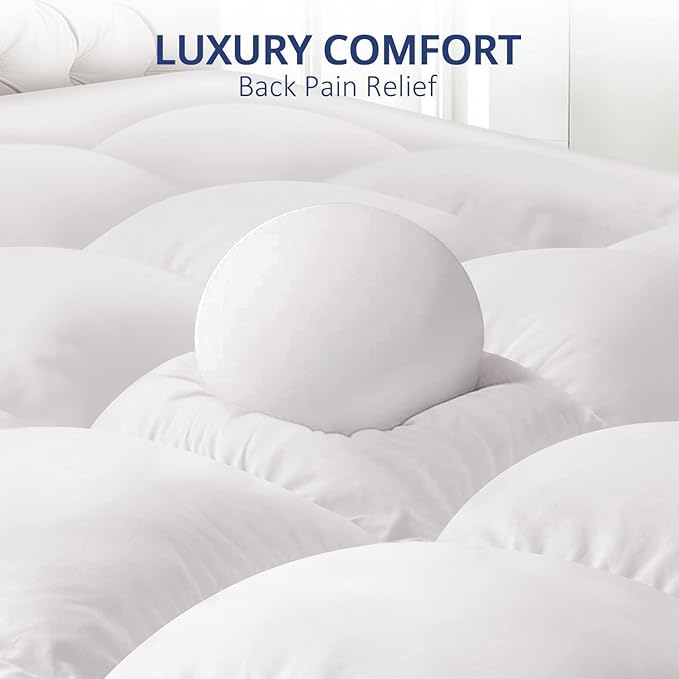 ELEMUSE 1300 GSM Overfilled Mattress Topper Queen with Baffle Box Design,Extra Thick Cooling Pillow Top Pad, 400TC Cotton Cover, Plush & Support Snow Down Alternative, White