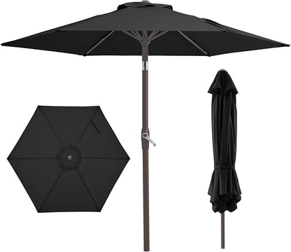 JEAREY 7.5FT Patio Umbrella Market Table Umbrella with 6 Sturdy Ribs, Push Button Tilt/Crank Outdoor Umbrella for Garden, Deck, Backyard,Dark Black