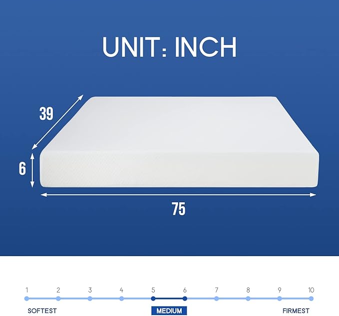 FDW | 6 Inch Twin Mattress | Medium Firm | Gel Memory Foam Mattress | White | Bed in a Box, CertiPUR-US Certified | Pressure Relief, Cooling Ventilated Foam | Washable Removable Cover
