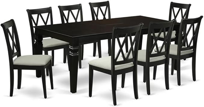 East West Furniture LGCL9-BLK-C 9 Piece Dining Room Table Set Includes a Rectangle Kitchen Table with Butterfly Leaf and 8 Linen Fabric Upholstered Dining Chairs, 42x84 Inch, Black