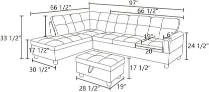 Beige L-Shaped 3-Piece Flannel Sofa with Storage Ottoman Set, Sectional Couch Sofa Set for Living Room, Office, Small Space