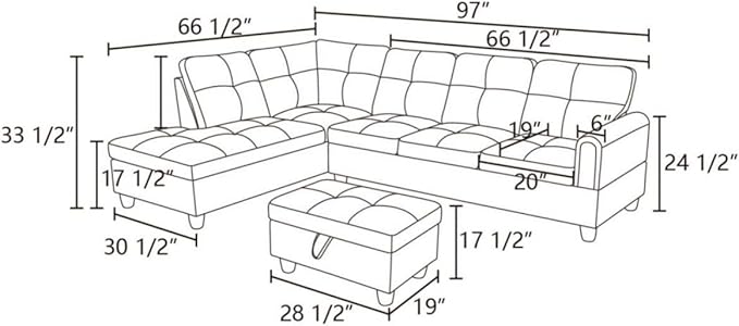 Blue L-Shaped 3-Piece Flannel Sofa with Storage Ottoman Set, Sectional Couch Sofa Set for Living Room, Office, Small Space