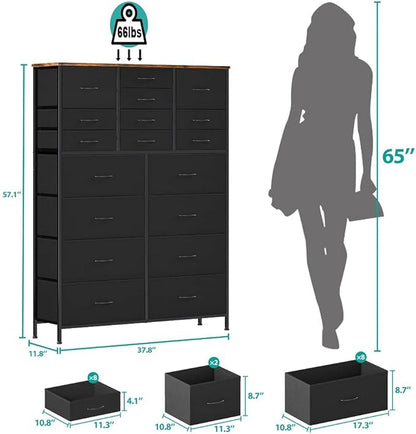 Dresser for Bedroom with 18 Drawers, Tall Fabric Storage Dresser, Chest of Drawers for Closet, Nursery, Bedside, Living Room, Laundry, Entryway, Hallway (Black)
