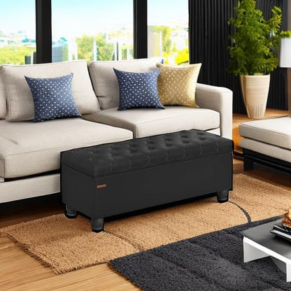 SONGMICS Storage Ottoman, Storage Bench, Tufted Entryway Bedroom Bench, 17.7 x 46.5 x 17.7 Inches, Hinges Easy Lid Operation, Wooden Legs, Synthetic Leather, Loads 330 lb, Classic Black ULOM071B01