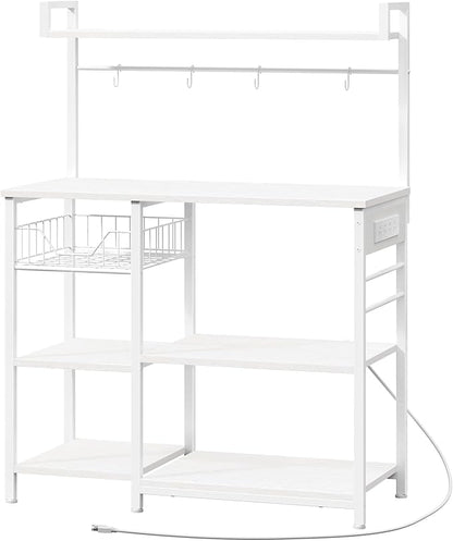 HOOBRO Bakers Rack with Power Outlet, 35.4 Inches Coffee Bar with Mesh Basket, Microwave Stand with 4 S-Shaped Hooks, Kitchen Bakers Rack with Storage, Easy to Assemble, White WT05HB01