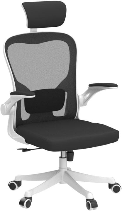 Monhey Office Chair, Ergonomic Office Chair with Lumbar Support & 3D Headrest & Flip Up Arms Home Office Desk Chairs Rockable High Back Swivel Computer Chair White Frame Black Mesh Study Chair