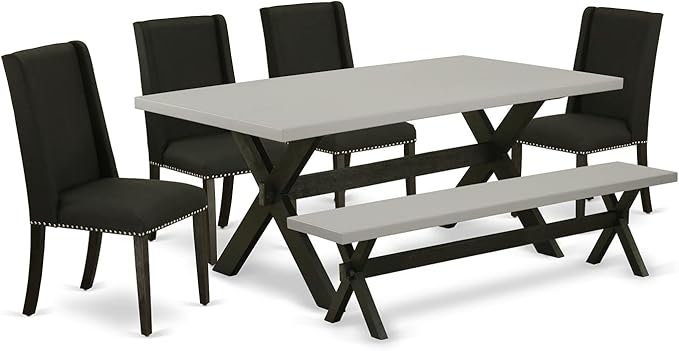 East West Furniture X697FL624-6 6 Piece Dinette Set Contains a Rectangle Dining Table with X-Legs and 4 Black Linen Fabric Parson Chairs with a Bench, 40x72 Inch, Multi-Color
