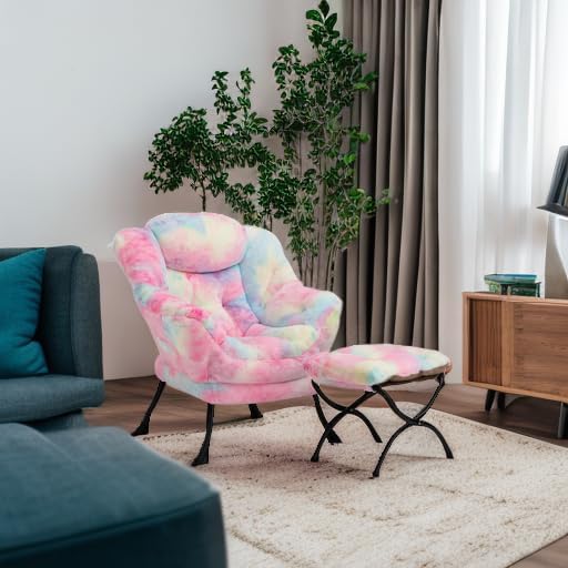 HollyHOME Faux-Fur Lazy Chair with Foldable Ottoman, Accent Comfy Lounge Arm Chair and Folding Footrest Stool Set, Leisure Sofa Reading Chair and Footstool for Living Room, Bedroom, Dorm, Colorful