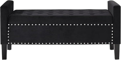 24KF Velvet Modern Upholstered Tufted Button Storage Bench with Arms for Bedroom,Entryway Living Room Soft Padded Seat-Black