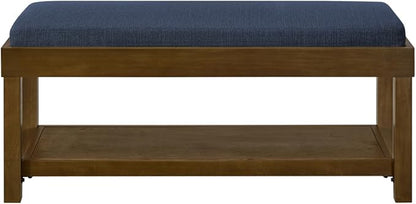 24KF Large Rectangular Storage Bench,Upholstered Seat Cushion,Ottoman Coffee Table with Navy Blue Removable Cushion for Living Room,Entryway Bench Bed Bench with Solid Wood Shelf,5069-Navy Blue