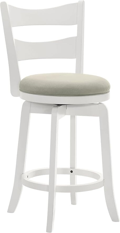 Armen Living Blair 30 in. Matte White Bar Height Rubberwood Swivel Barstool with Fog Fabric Seat - Set of 4