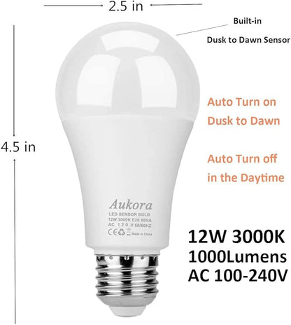 Dusk to Dawn Light Bulb, Aukora Smart Sensor LED Light Bulb, 12W (100-Watt Equivalent), 3000Kelvin, E26 Base Automatic On/Off Led Bulb Outdoor/Indoor for Porch Garage Patio Garden(Warm White, 3 Pack)