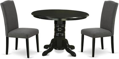 East West Furniture SHEN3-BLK-20 3 Piece Dining Room Set Contains a Round Kitchen Dining Table with Pedestal and 2 Dark Gotham Linen Fabric Upholstered Chairs, 42x42 Inch, Black