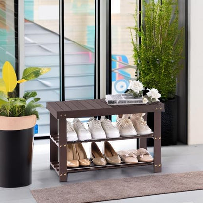 Apicizon Bamboo Shoe Rack for Entryway, 3-Tier Shoe Rack Bench for Front Indoor Entrance, Small Shoe Organizer with Storage, Dark Brown