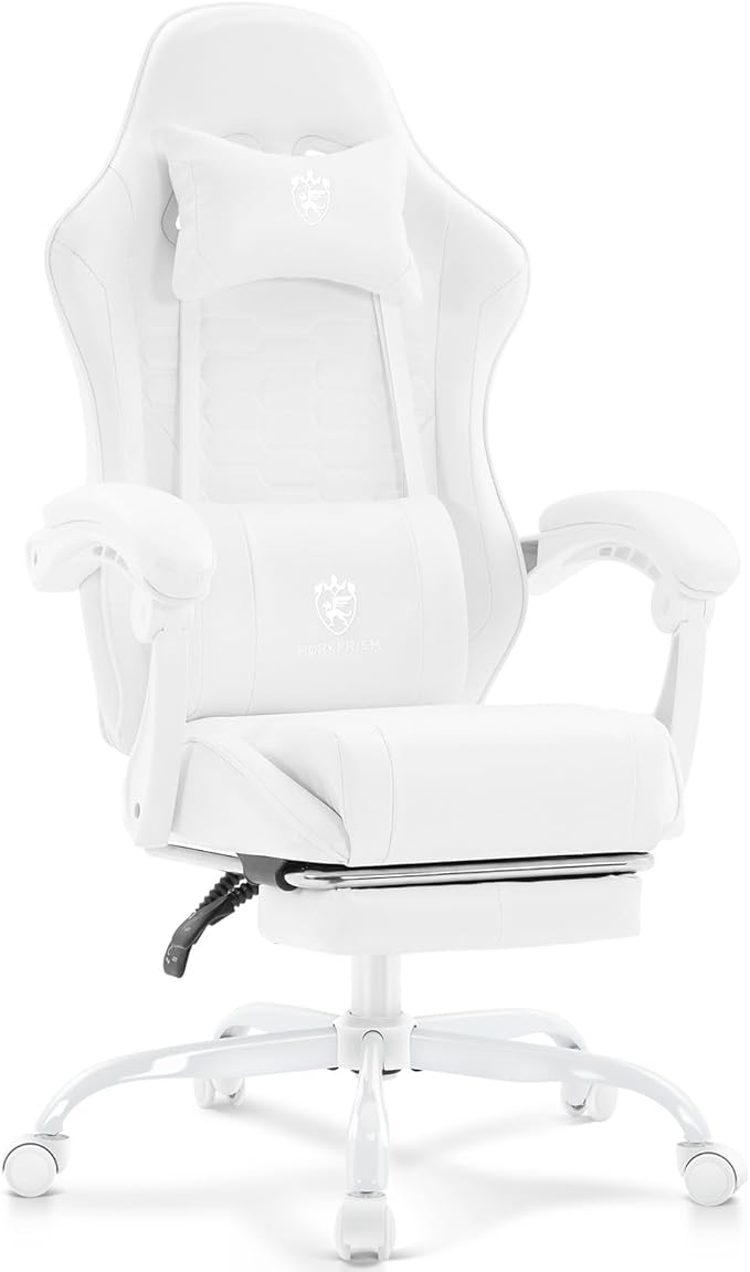 White Gaming Chair,Computer Office Chair with Footrest,Massage Lumbar Support and Gel Pad,Ergonomic Reclining Adjustable Leather Gamer Chair with Headrest and Spring Cushion White