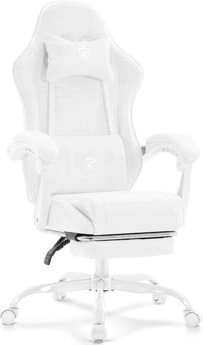 White Gaming Chair,Computer Office Chair with Footrest,Massage Lumbar Support and Gel Pad,Ergonomic Reclining Adjustable Leather Gamer Chair with Headrest and Spring Cushion White