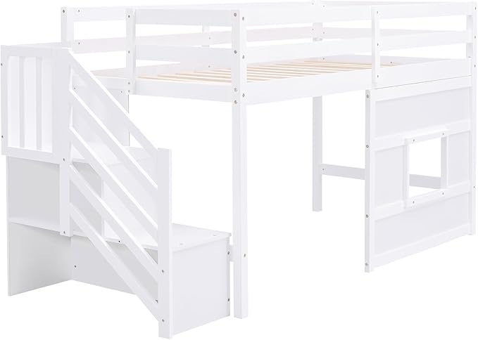 Twin Size Loft Bed with Storage Staircase and Window,Wood Twin Loft Bunk Bedframe with Full-Length Guardrail and Sturdy Slat Support, No Noise,No Box Spring Needed,for Kids,Boys,Girls,White
