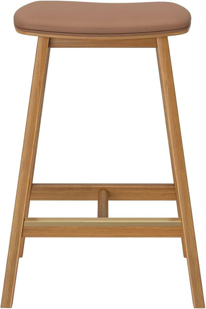 Plank+Beam Beryl Counter Height Stool - Mid-Century Modern Rubberwood Bar Stool with Faux Leather Seat, Metal Footrest, Easy Assembly, 4-Pack, Pecan/Toffee