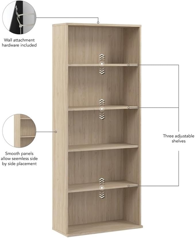 Bush Business Furniture Hustle Tall 5 Shelf Bookcase in Natural Elm, Large Freestanding Bookshelf for Home Office and Professional Workspace