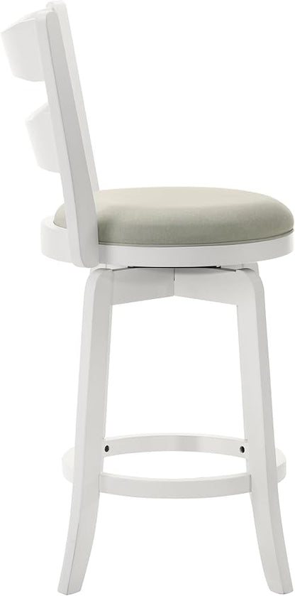 Armen Living Blair 30 in. Matte White Bar Height Rubberwood Swivel Barstool with Fog Fabric Seat - Set of 4