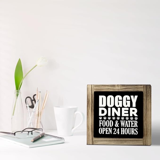 Dog Decor, Dog Paws Decor, Rustic Wooden Tabletop Decor Sign, Dog Puppy Wood Decor, Pet Decoration, Dog Home Decor, Dog Food Area Decor, Doggy Diner - Food & Water - Open 24 Hours Sign