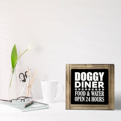 Dog Decor, Dog Paws Decor, Rustic Wooden Tabletop Decor Sign, Dog Puppy Wood Decor, Pet Decoration, Dog Home Decor, Dog Food Area Decor, Doggy Diner - Food & Water - Open 24 Hours Sign