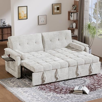 Convertible Sleeper Sofa Bed, 86 Inch Chenille Pull Out Couch with Side Table & Adjustable Backrest, Sectional Sleeper Sofa with Pull Out Bed for Living Room, Apartment, Beige
