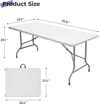 Folding Table 6ft Portable Heavy Duty Plastic Fold-in-Half Utility Foldable Table Plastic Dining Indoor Outdoor for Camping, Picnic and Party, White