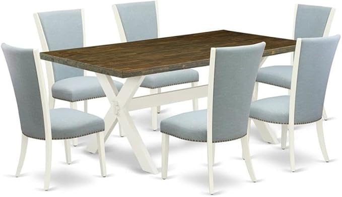 East West Furniture X077VE215-7 7 Piece Dining Set Consist of a Rectangle Dining Room Table with X-Legs and 6 Baby Blue Linen Fabric Upholstered Parson Chairs, 40x72 Inch, Multi-Color