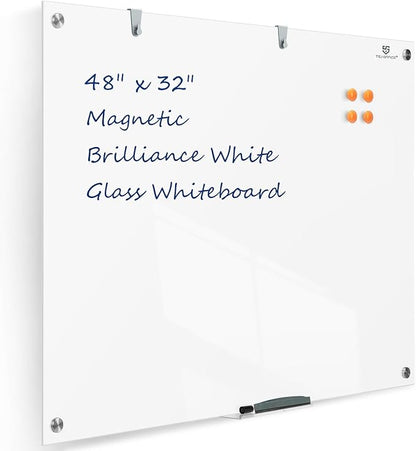 TSJ OFFICE Glass Dry-Erase Board - 48 x 32 Inches Brilliance White Magnetic Glass Whiteboard, Wall Mounted Large Frameless White Board for School, Home & Office
