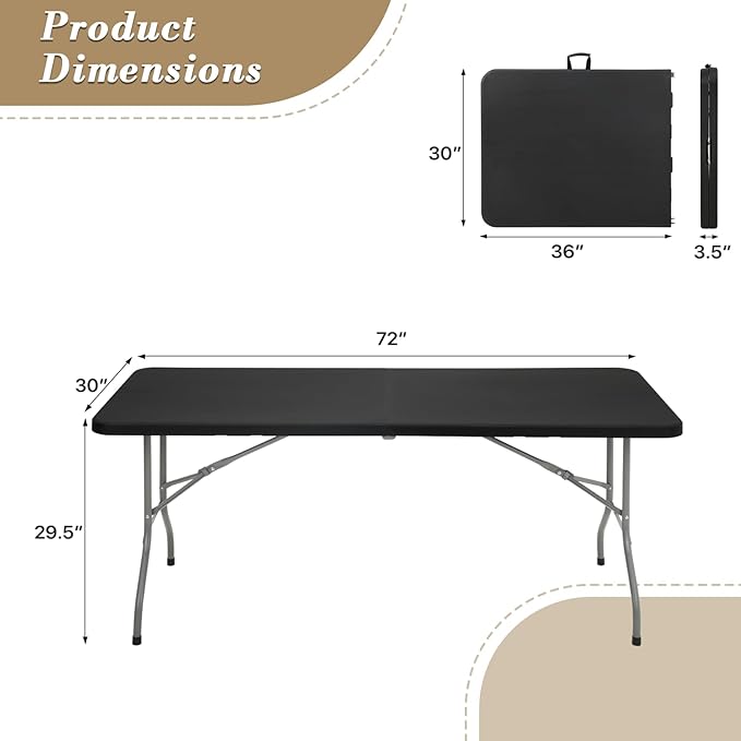 Athena Collection 6 ft Square Folding Dining Table, Large Plastic Foldable Table Portable with Carry Handle, Heavy Duty Fold-in-Half Utility for Indoor Outdoor Party Camping Picnic, Black
