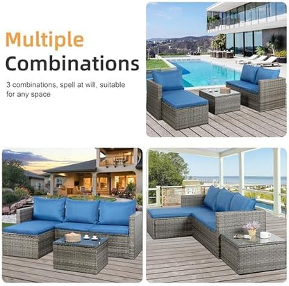 Shintenchi 4 Pieces Patio Furniture Sets, Outdoor Sofa Patio Sectional Sets All Weather, Wicker Rattan Seating Sofa Couch withwith Cushions & Coffee Table for Yard, Garden, Porch, Poolside (Blue)