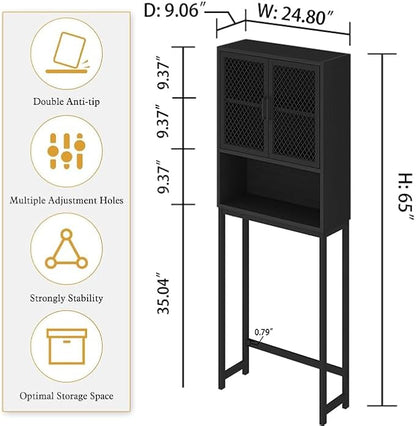 Launica Bathroom Organizer Over Toilet, Wood Metal Over The Toilet Storage, Industrial Bathrooms Space Saver Shelf Over Toilet, Freestanding Bathrooms Cabinet Above Toilet wtih Rack, Black Oak