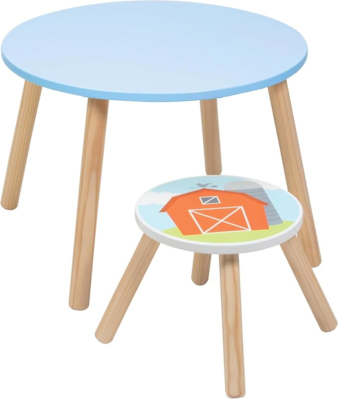 Kids Wooden Animal Table & Chair Set w 4 Seats- Cow Pig Sheep Plus Adult Stool for Arts Crafts, Dining, Pretend Play- Durable Playroom Furniture for Home, Daycare Classroom- Toddler Children Gift