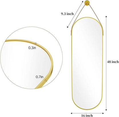 16"x48" Oval Full Length Mirror with Leather Strap Hanging Mirror with Aluminum Frame, Oval Gold Wall-Mounted Mirrors for Living Room Bedroom Entryway Décor, Gold