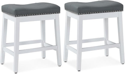 Athena Collection Bar Stools Set of 2, 25 Inches Counter Height Bar Stools Backless with Footrest, Leather Upholstered Saddle Barstools with Nailhead Trim for Kitchen Island, Counter, Grey White