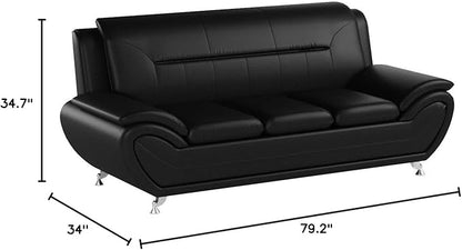 Container Furniture Direct Michael Modern Faux Leather Upholstered Stainless Steel Legs Living Room Sofa, Loveseat, Midnight