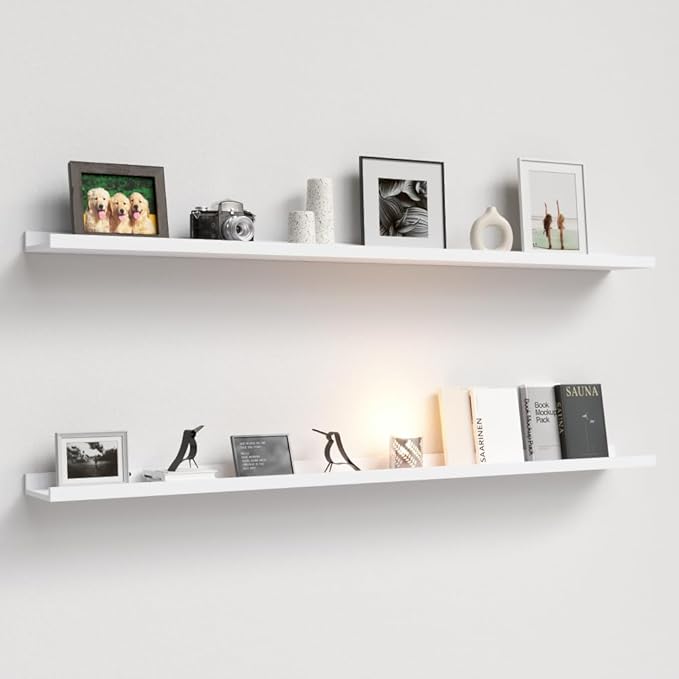 55.1 Inches Long Floating Shelves, 2 Set Rustic Wall Shelf for Bedroom, Nursery Book Shelf with Lip, Picture Ledge Shelf for Living Room, Bathroom, Kitchen - White