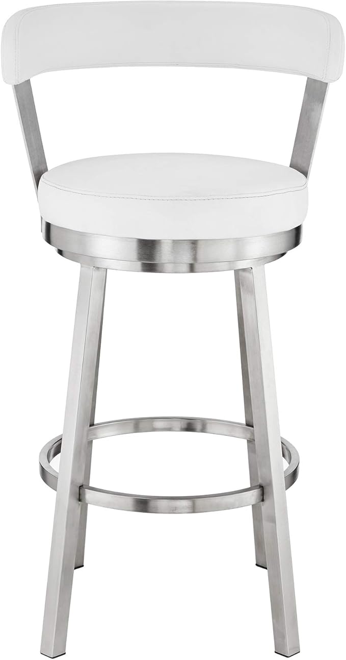Armen Living Bryant Modern 30" Seat Height White Faux Leather and Brushed Stainless Steel Metal Swivel Bar Stool for Kitchen Island Counter