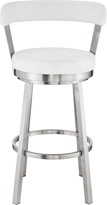 Armen Living Bryant Modern 30" Seat Height White Faux Leather and Brushed Stainless Steel Metal Swivel Bar Stool for Kitchen Island Counter